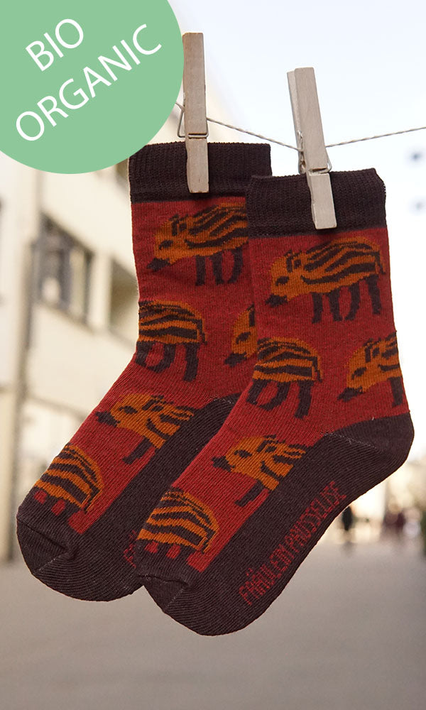 Prusselise Kindersocken mit tollem Frischlingmotiv in rost und braun.
