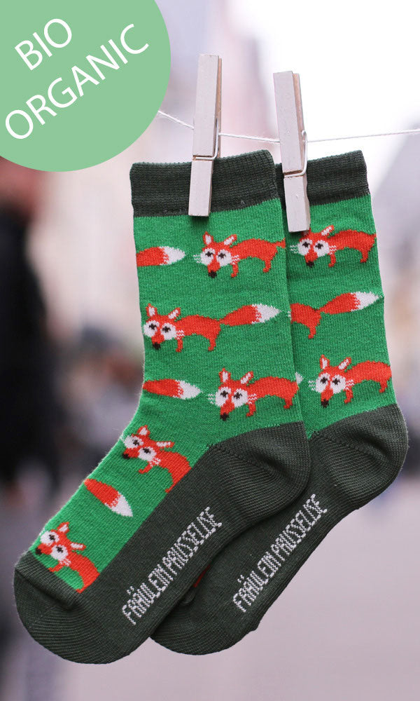 Prusselise Kindersocken mit coolem Fuchsmuster in gruen.