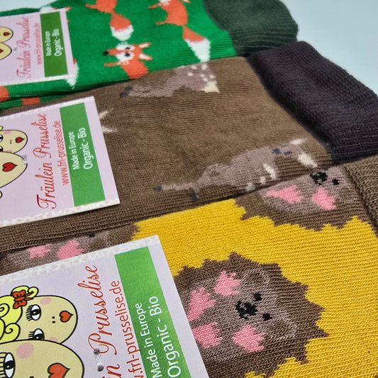 Sockenpack aus drei Waldtier Socken, Igel, Reh und Fuchs.