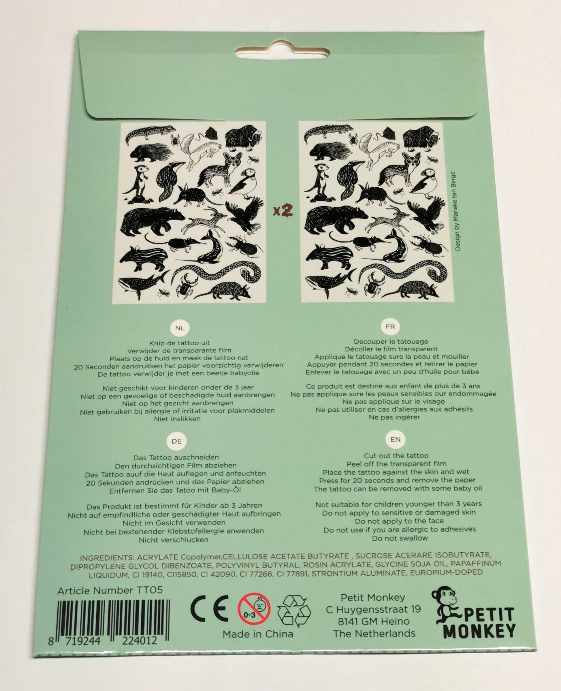 Niedliche schwarz/weiss Klebetattoos für Kinder mit verschiedenen Tierchen in Retrooptik.